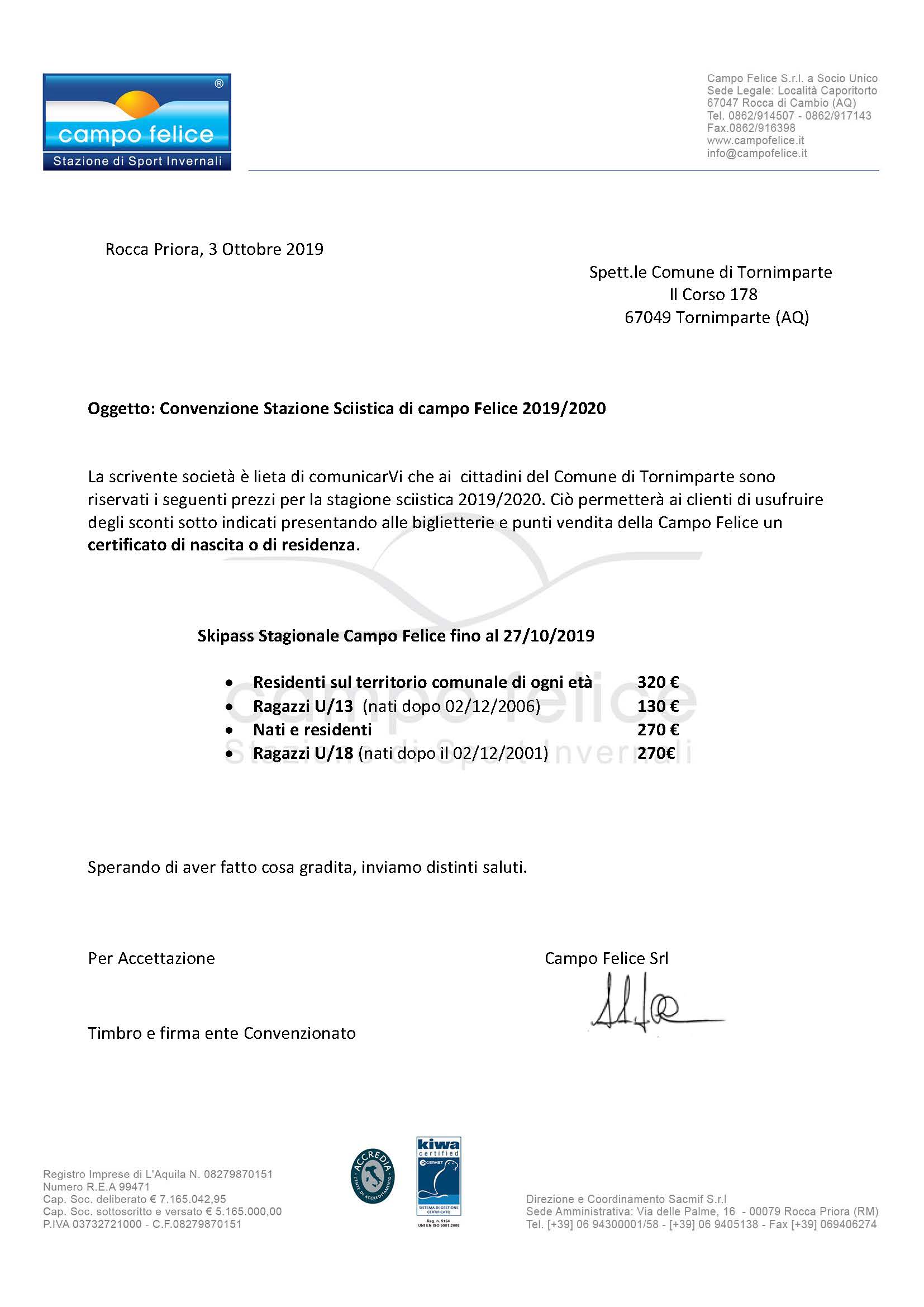 Convenzione Stagione Sciistica 2019/20